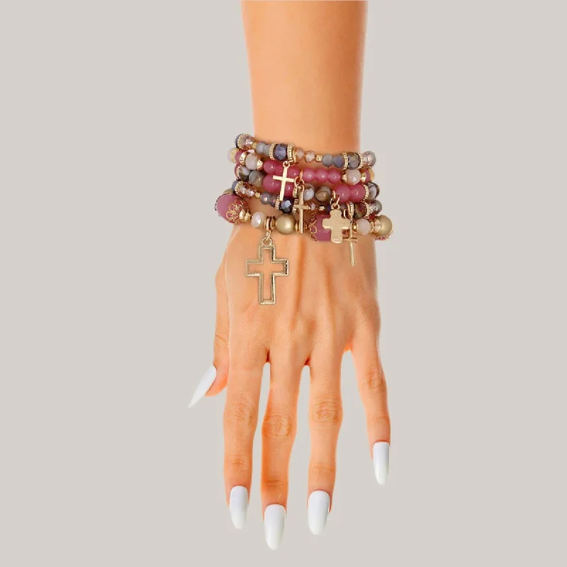 Women's charm bangles-Bohemian Cross Charm Stretch Bracelet Stack