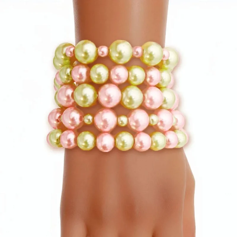 Women's cuff bracelets-Pink/Green Fashion Pearls Bracelet Set: Perfect Blend of Style & Sophistication