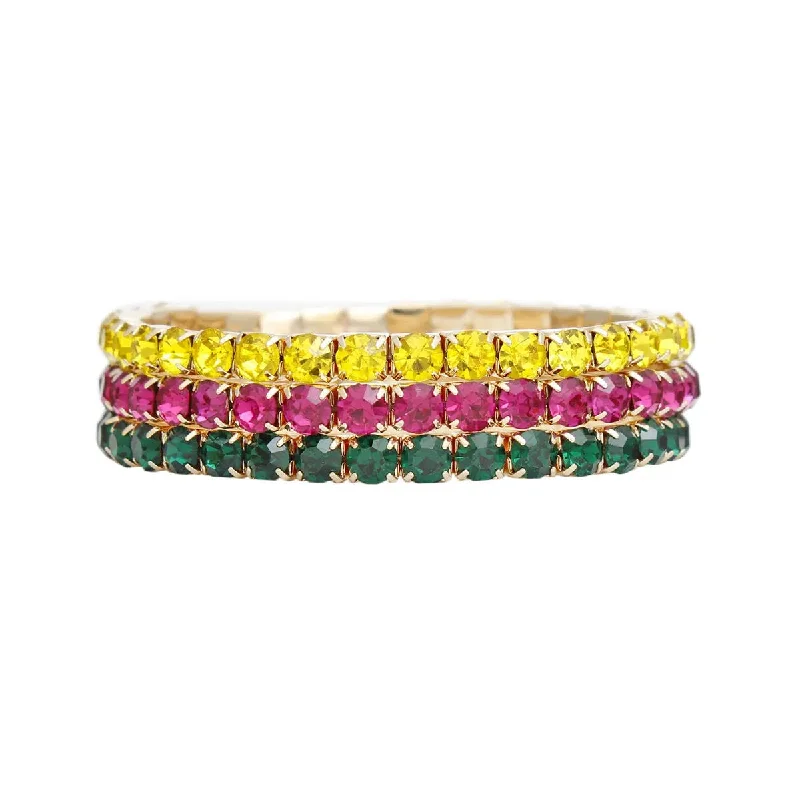 Women's geometric bangles-Gold Metal Stretch Bracelets in Green, Fuchsia, Yellow Rhinestones