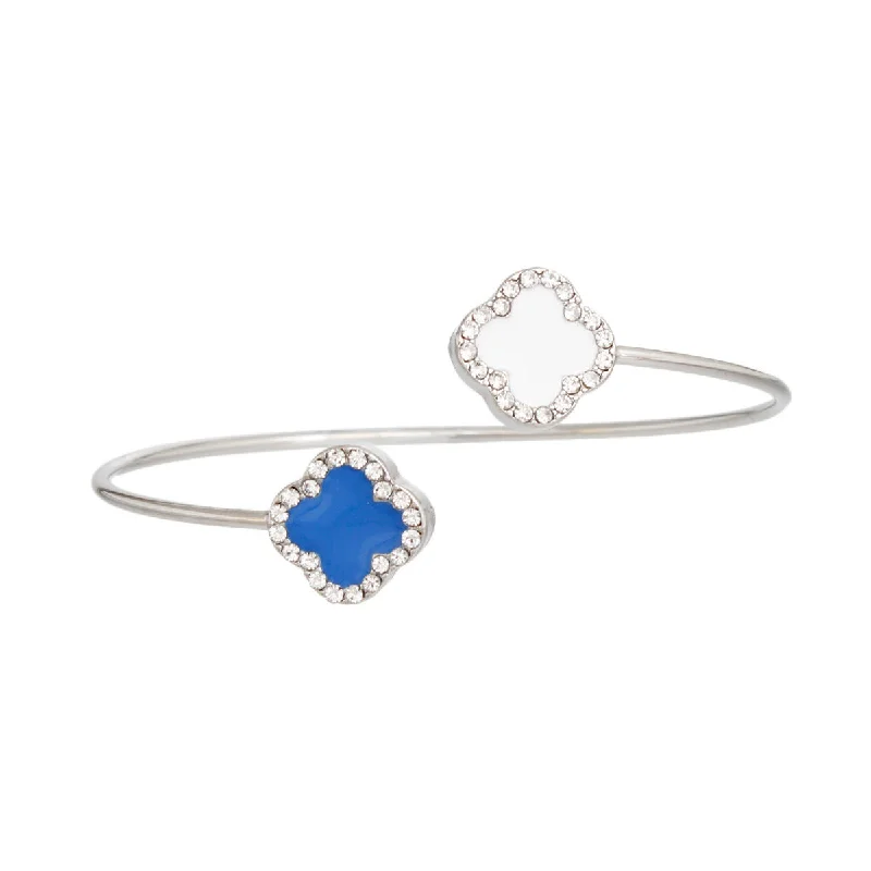 Women's sapphire bangles-Bypass Dual Clover Bangle: Blue and White Open Cuff Bracelet with Rhinestone Accents for Women