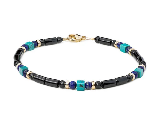 Women's limited edition bangles-Turquoise, Lapis, and Black Onyx 14k Gold Bead Bracelet - Women and Men's Bracelet