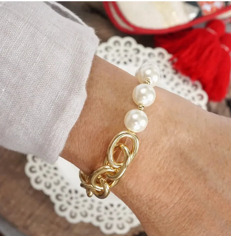 Women's silver bangles-Pearl and Gold Chain Bracelet