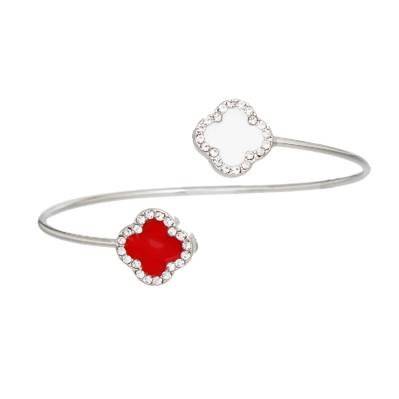 Women's silver-plated bangles-Bypass Dual Clover Bangle: Red and White Open Cuff Bracelet with Rhinestone Accents for Women