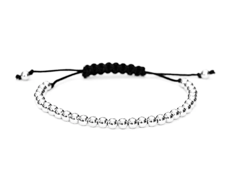 Women's stainless steel bangles-14k White Gold Bead Bracelet with Black Cord- For Men and Women - 4mm