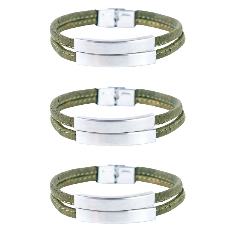 Women's family bangles-Handmade Stainless Steel and Green Cork Bracelet BR-434-3