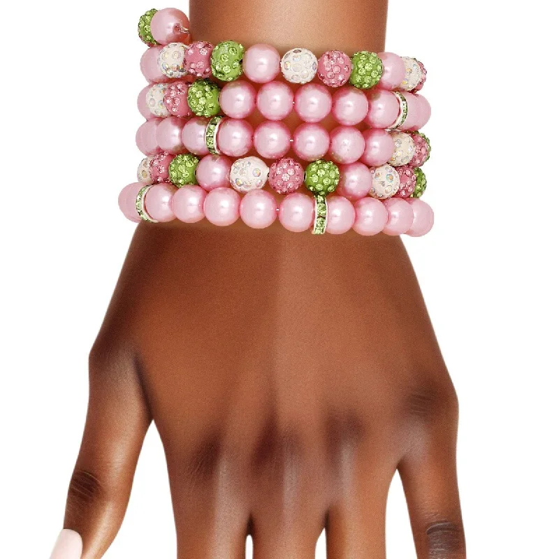 Women's everyday bangles-Faux Pink Pearl and Pink, Green, and White Beads Bracelet