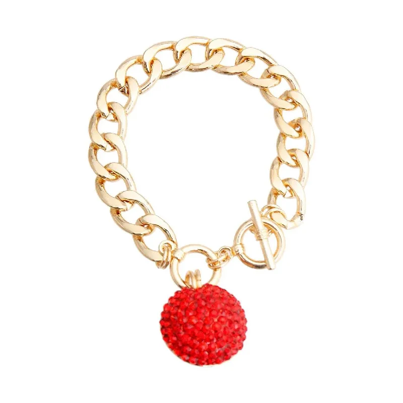 Women's ethical bangles-Red Ball Charm Gold Link Chain Bracelet - Fashion Jewelry