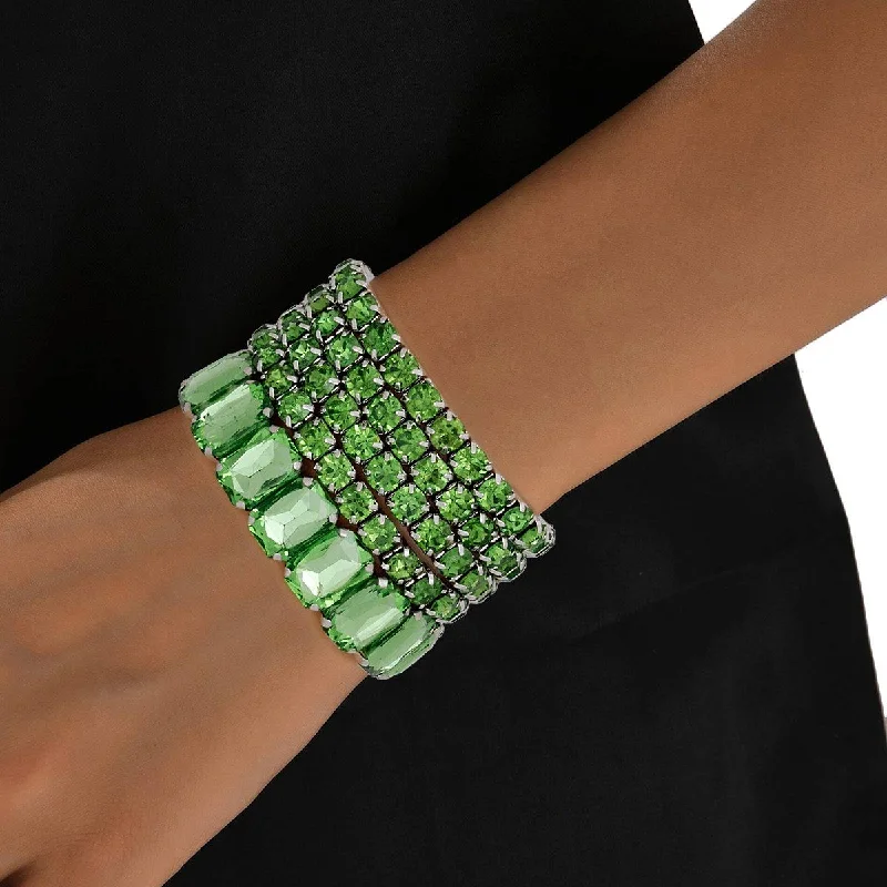 Luxury women's bangles-Silver-Tone Metal with Green Rhinestones Stretch Bracelet Set