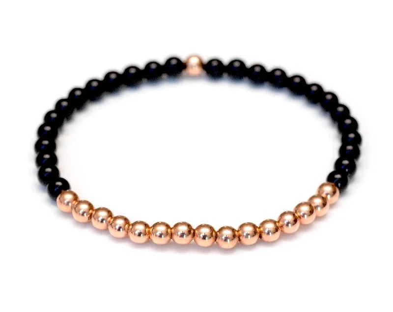 Women's personalized bangles-Black Onyx and 14k Rose Gold Ball Bead Stretch Bracelet - 4mm. Men and Women's Bracelet