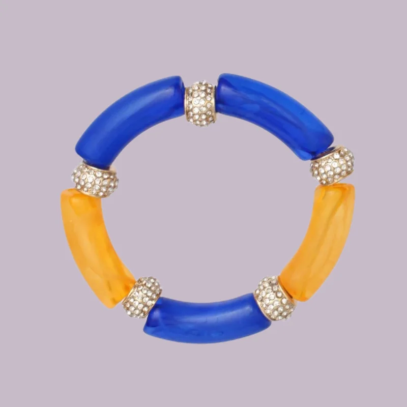 Women's gold-plated bangles-Marbled Bead Stretch Bracelet – Blue and Gold Fashion Jewelry