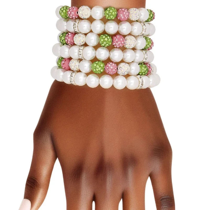 Women's fashion bangles-Faux Pearl and Green Pink Beads Bracelet