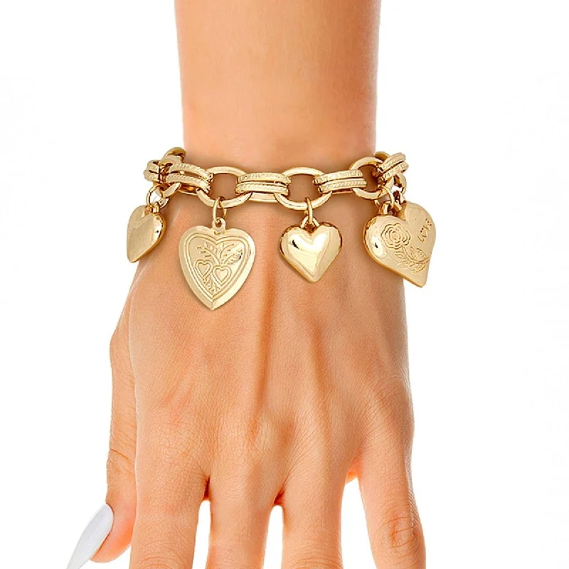 Women's minimalist bangles-Golden Hearts Puffy Charm Bracelet - Love in Every Link