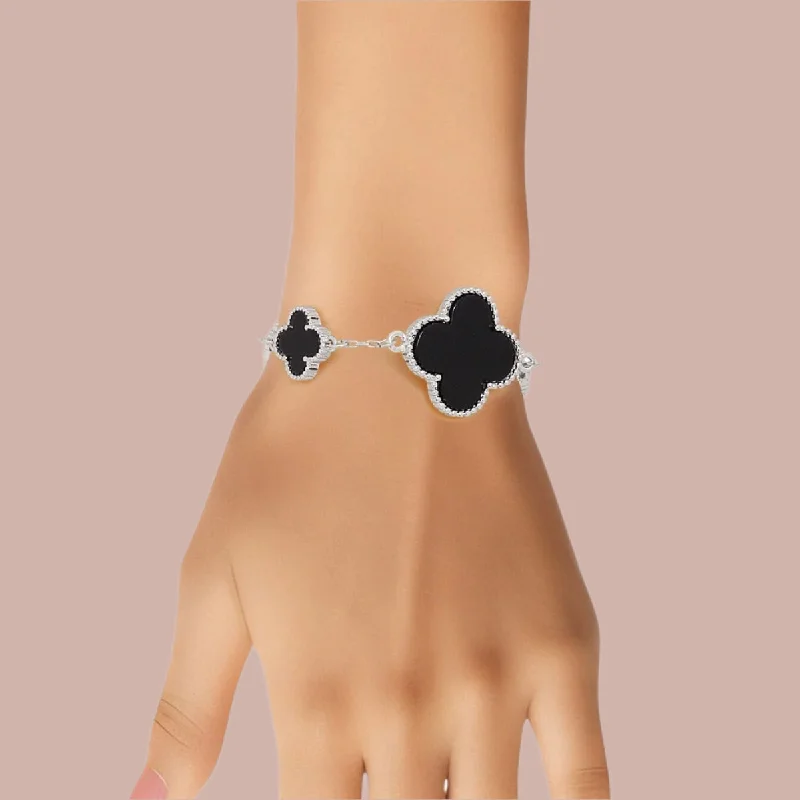 Women's holiday bangles-Black Silver Quatrefoil Bracelet – Elegant and Dainty Jewelry