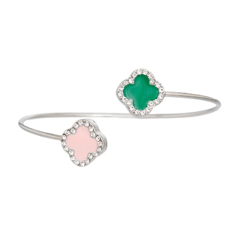 Women's gemstone bangles-Bypass Dual Clover Bangle: Green and Pink Open Cuff Bracelet with Rhinestone Accents for Women