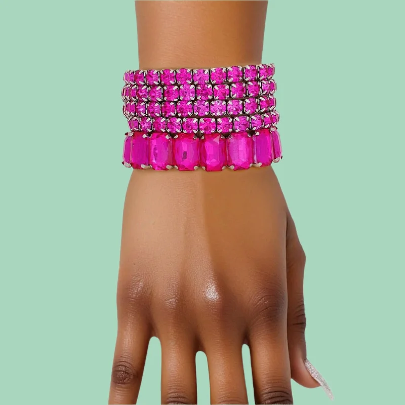 Women's Buddha bangles-Fuchsia Tennis Bracelets – 5 Pcs Set