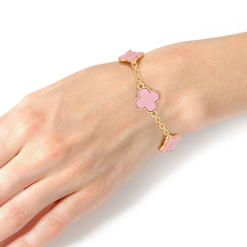 Women's personalized bangles-Blossom Charm: Pink Quatrefoil Gold Chain Bracelet