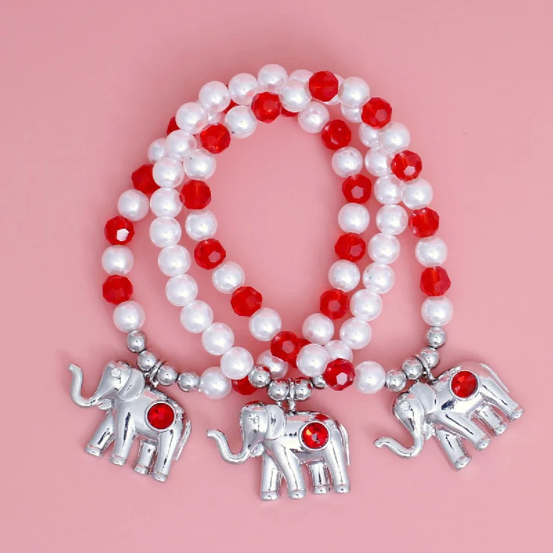 Women's cuff bracelets-Red Glass Bead and Pearl Elephant Charm Bracelet Set