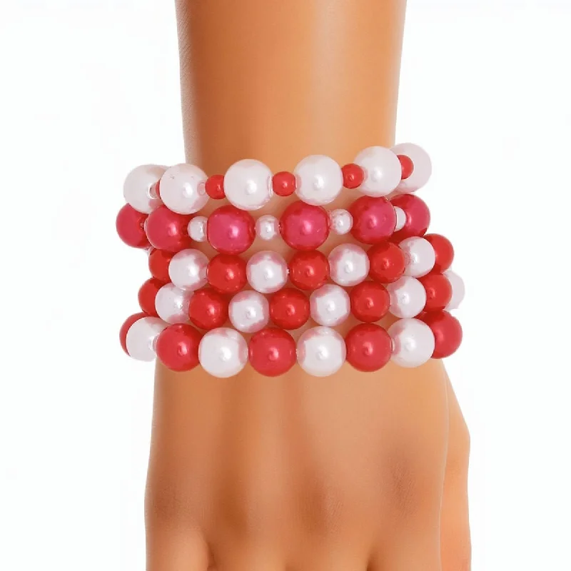 Women's diamond bangles-5 Pcs Red and White Pearl Bracelets