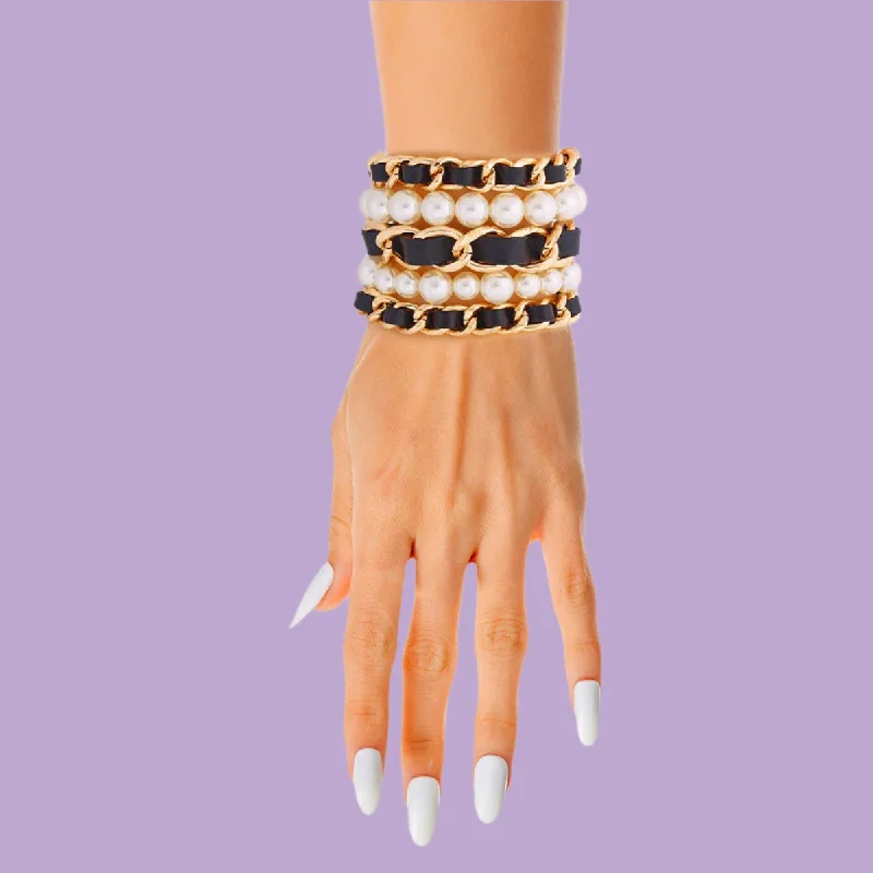 Women's party bangles-Bracelet Set with Cream Pearls and Vegan Leather