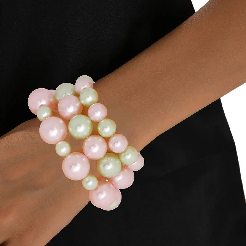 Women's K gold bangles-Trendy Pink and Green Pearl Stretch Bracelets for Women - Stylish Fashion Jewelry