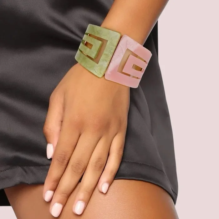 Women's vintage bangles-Geometric Acrylic Cuff Bracelet – Pink and Green Statement Jewelry for Women