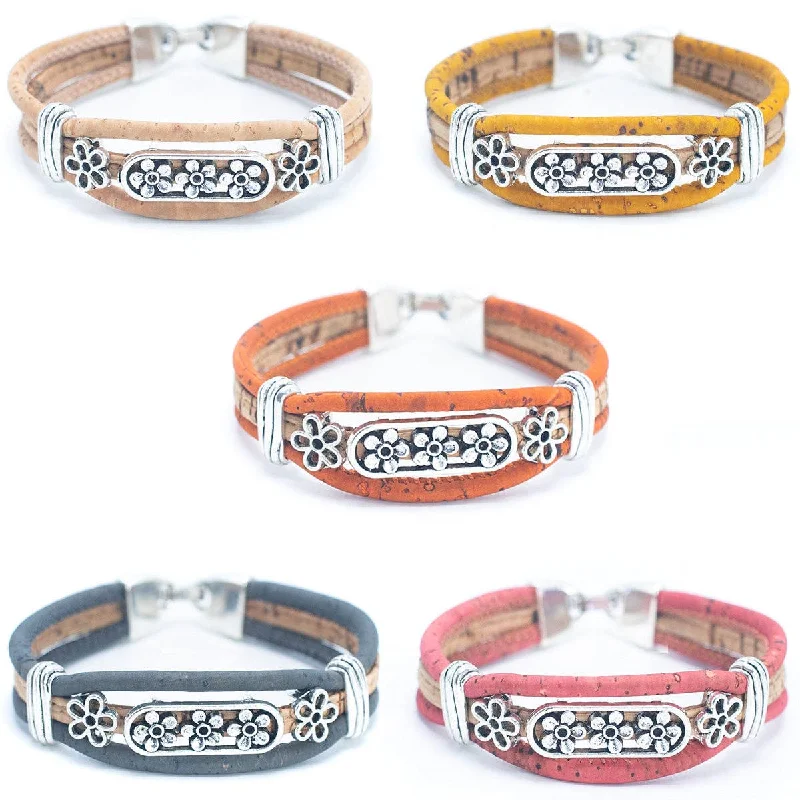 Women's moon phase bangles-Tri-floral cork with pendant bracelet adjustable BR-505-MIX-5