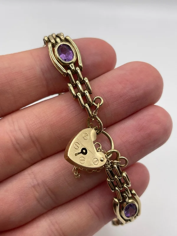 Women's chain bracelets-9ct gold amethyst padlock bracelet