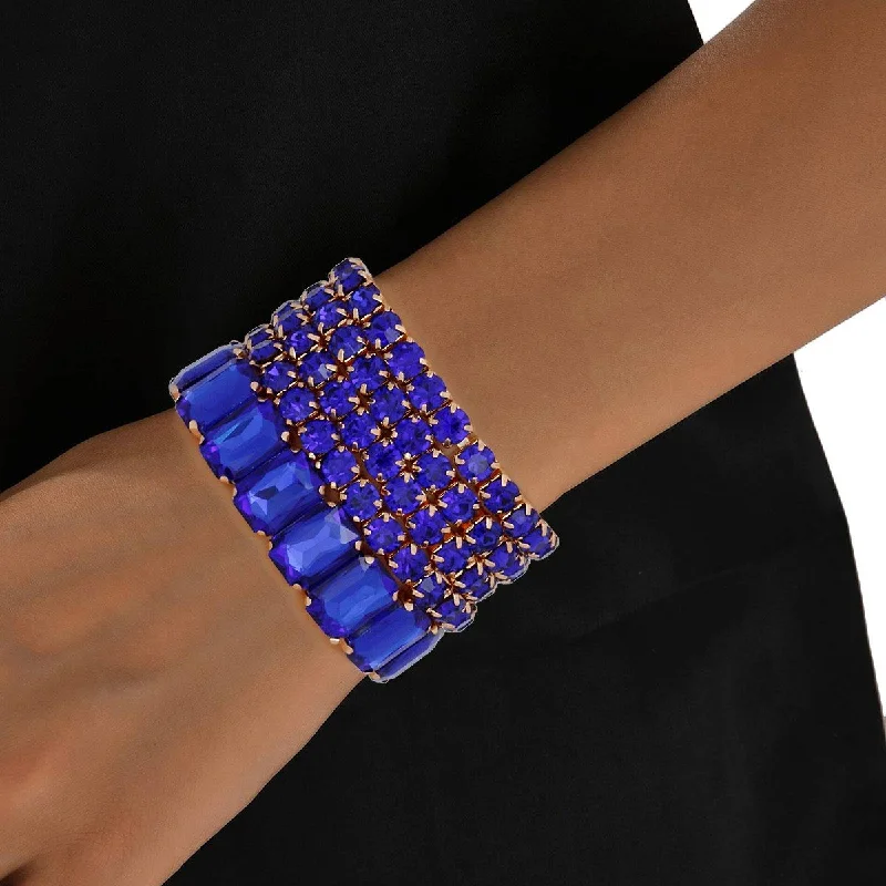 Women's vintage bangles-Gold-Tone Metal with Royal Blue Rhinestones Stretch Bracelet Set